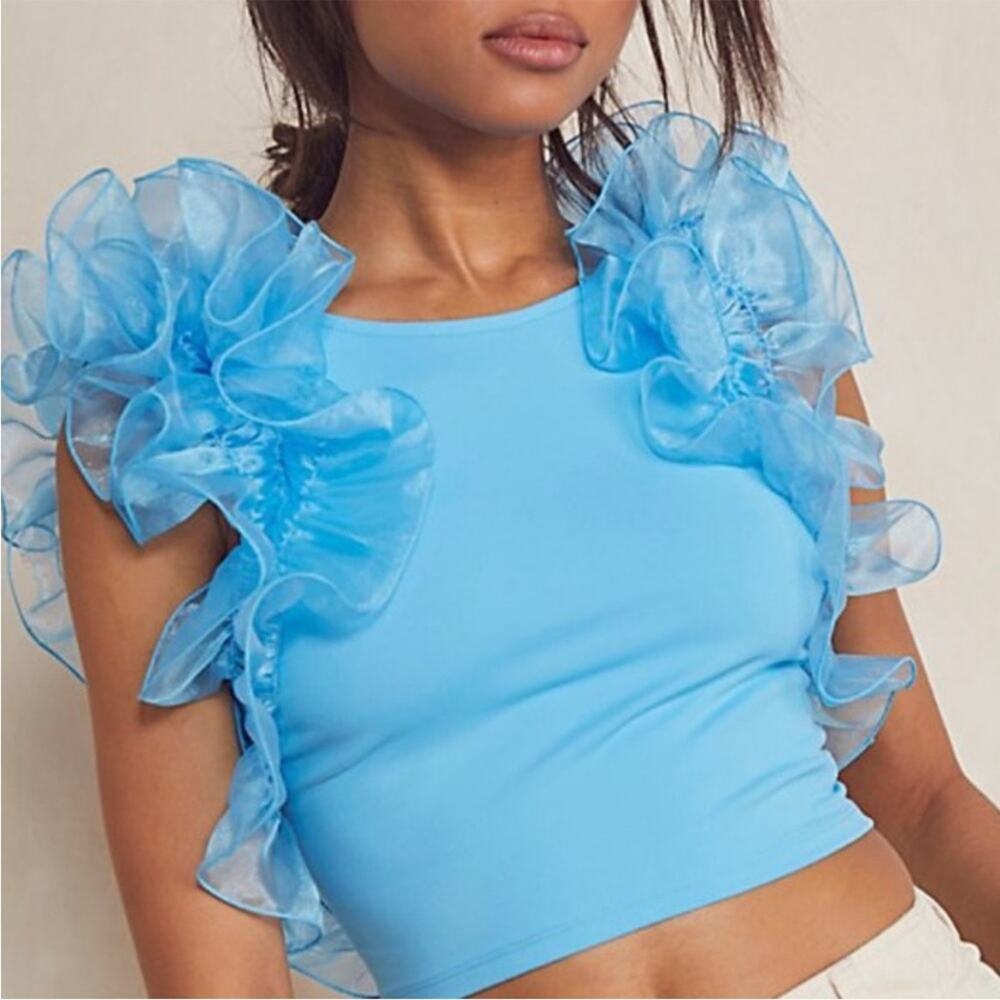 Free people house party organza puff top blue sz S